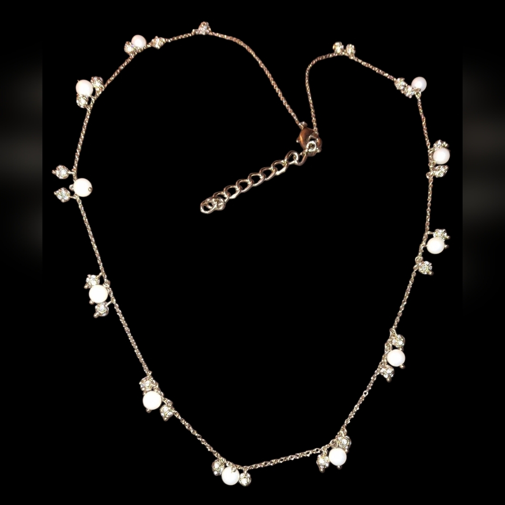 Dainty Pave Crystal Faux Pearl Beaded Station Goldtone Necklace ann taylor